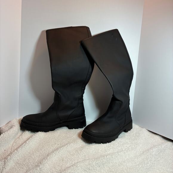 JUSTFAB CASSIETTA LUG SOLE TALL RAIN BOOTS Wm Size 12 Black Faux Leather - Picture 1 of 7